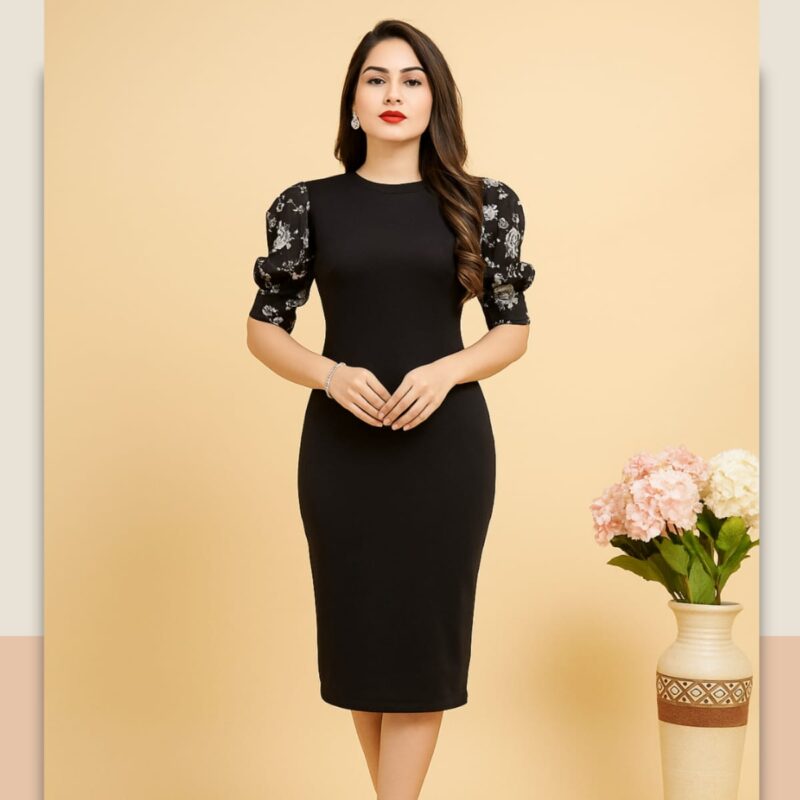 Black Bloom Puff Sleeve Bodycon Dress