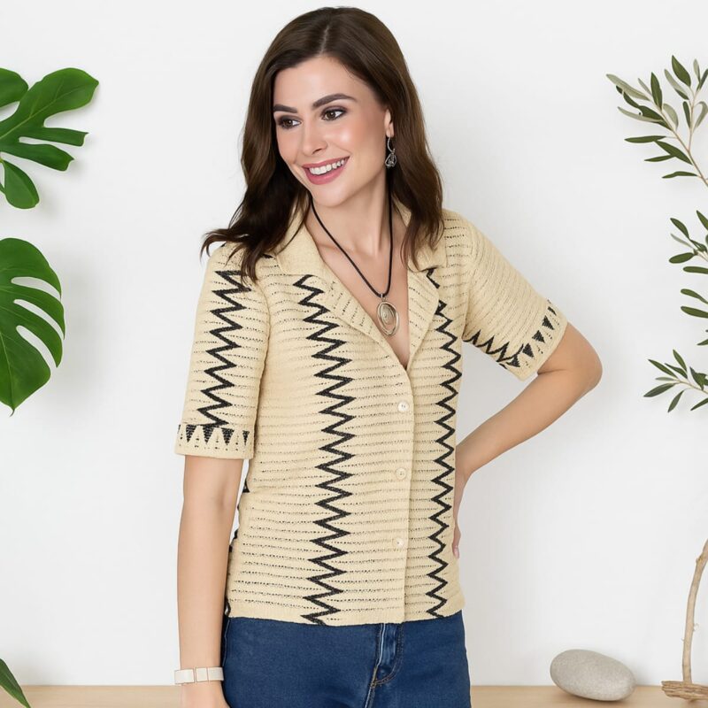 Elegant Beige Zigzag Pattern Crochet Shirt for Women MyDiono